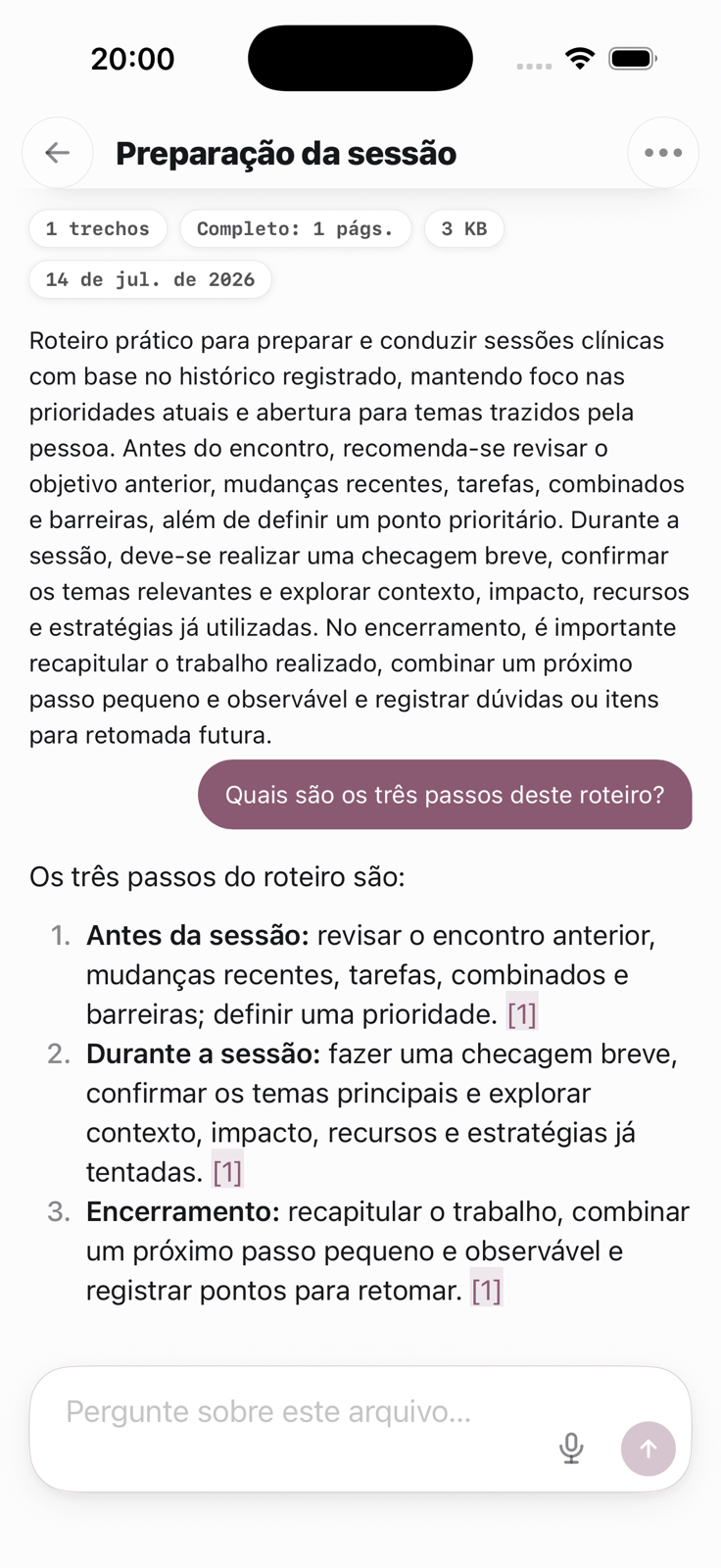 Recorte da tela Biblioteca do claripsi com uma resposta e citações do material