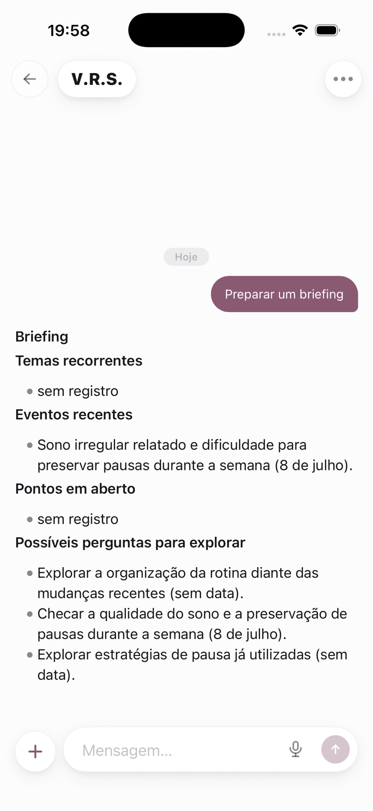 Recorte da tela de briefing com eventos recentes e possíveis perguntas para explorar