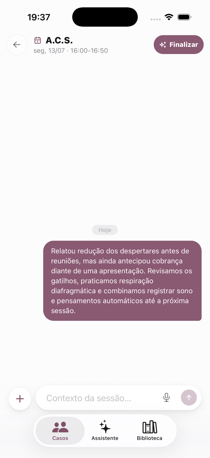 Recorte da tela de uma sessão no claripsi com a nota registrada e o campo de contexto